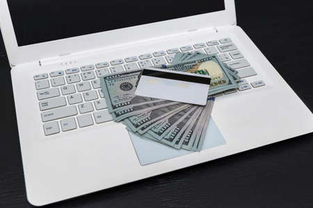 White laptop with dollars and credit card isolatedの写真素材