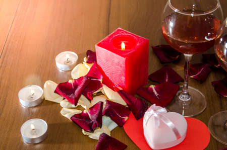Candles, Red Roses Petals and Wine - Valentines Day Conceptの写真素材