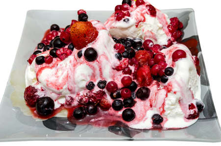 vanilla ice cream with fruit in plate isolated on white backgroundの写真素材