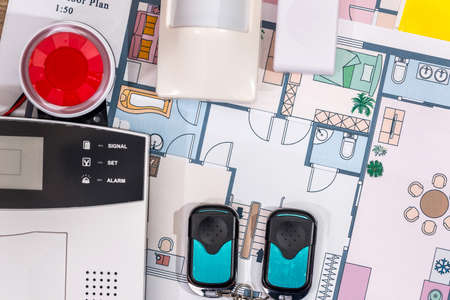 alarm system home on house plan.の写真素材