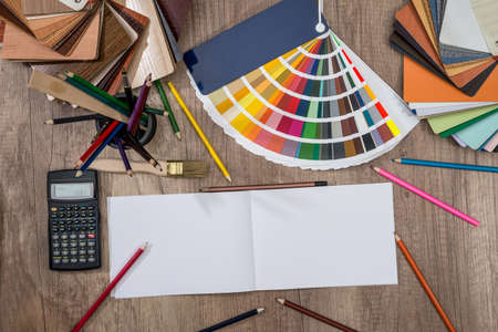 Wooden samples for furniture with blank note on desk