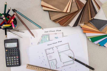 house plan with a choice of wooden on desk.の写真素材