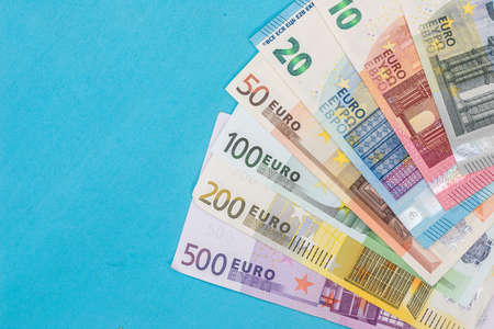 full set euro banknote isolated on blue background