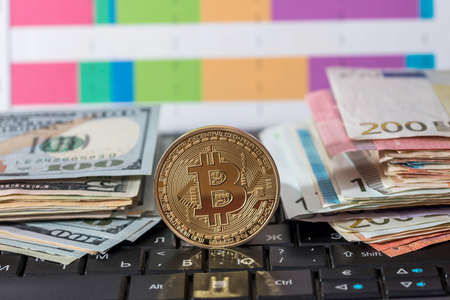 Bitcoin, dollar, euro, computer and business graph