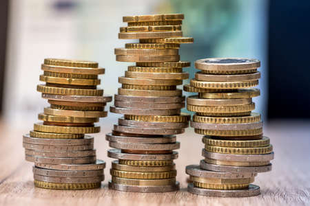 euro coins in a pile at table. close up