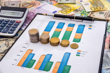 business graphic with euro and dollar, coin, calculator.の写真素材