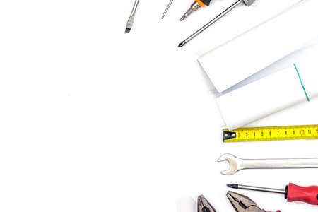 different work tools isolated on white. close up