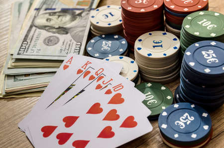 play card with money, chips