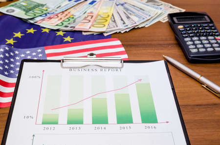 diagram with money, calculator, pen on tableの写真素材