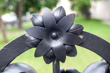 Part of wrought iron fence with flowersの写真素材