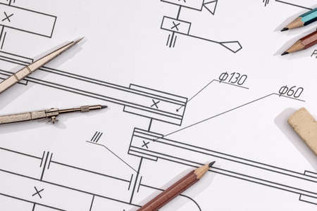 technical drawing detail and several drawing tools.の写真素材