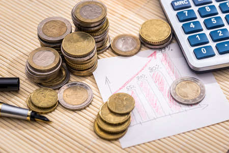 empty note, calculator and coin, penの写真素材