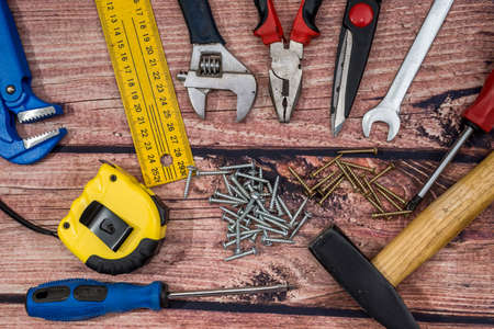collection work tools on wooden desk.