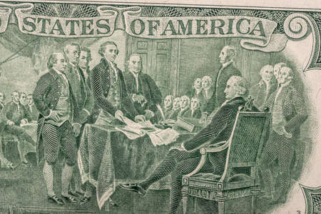 US two dollar bill. back side. close up.の写真素材