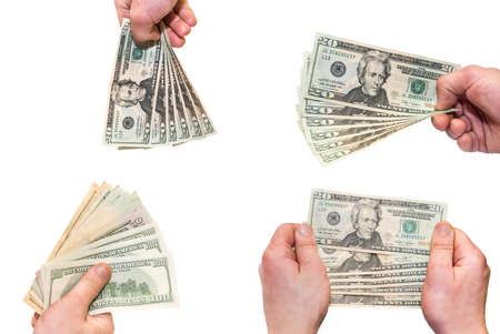 Collection of different dollar bills isolated on white backgroundの写真素材