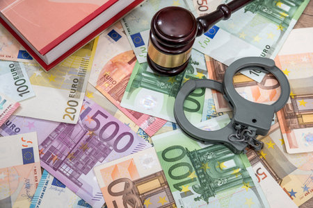 handcuffs with hammer of judge and euro. business conceptの写真素材