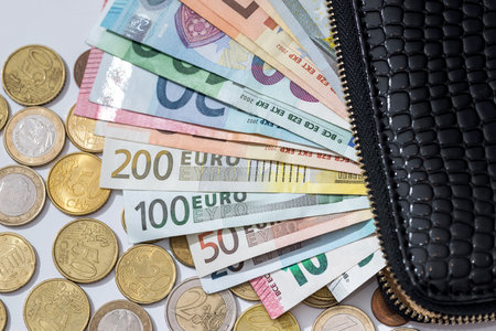 euro banknotes in purse and coins isolated