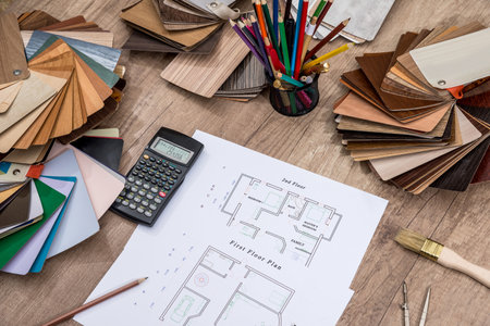 house plan with a choice of wooden on desk.の写真素材