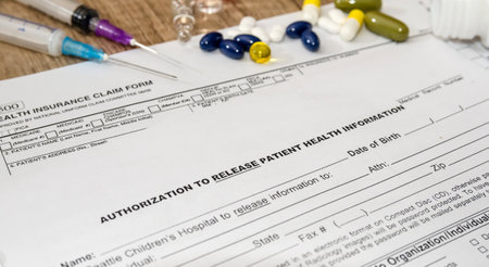Medical patient form with pills and syringes on table