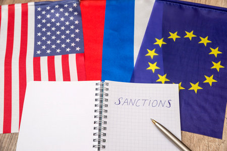 flag of usa and europe. sanctions of russia