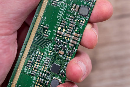 Electronic green computer hardware technology. PC background. close up.