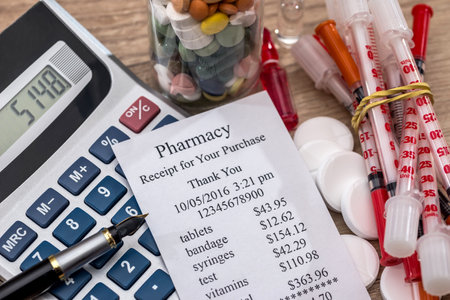 pills, calculator, syringe, shopping receipts on desk.の写真素材