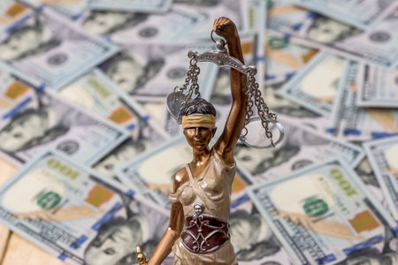 Themis statue standing against the background of dollarsの写真素材