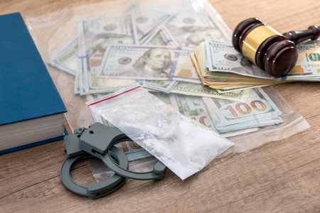 Drugs and substances prohibited, dollar, book, Judge gavel and handcuffs - arrest criminals