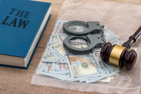 us Money with wooden hammer handcuffs, law bookの写真素材