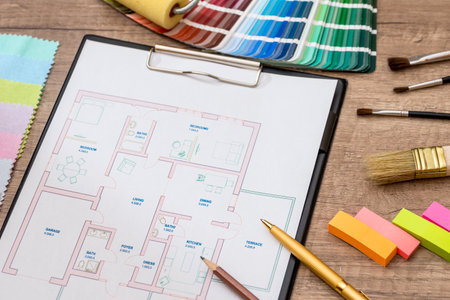 architectural plan of the house with color palette