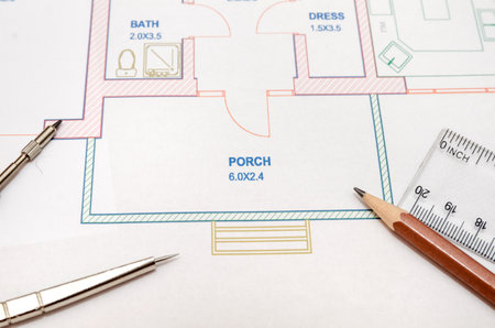 modern architectural plan, pencil and ruler, compass