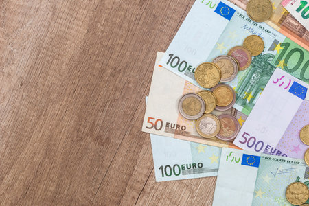Euro coins and banknotes. money concept. close upの写真素材