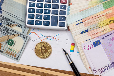 bitcoin with dollar and euro banknoteの写真素材