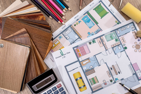 architectural design of the house with tools and furniture catalog colors