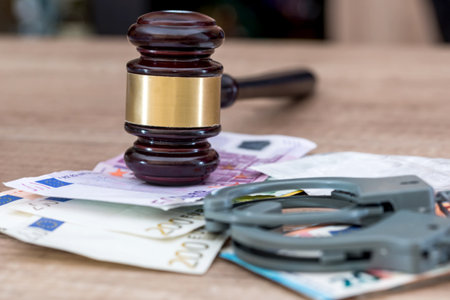 euros bills, handcuff and hammer on desk.の写真素材