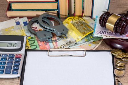 Gavel, handcuffs and euro money with empty notepad on desk. criminal concept.の写真素材