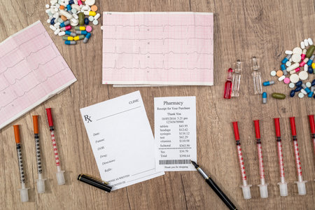 rx blank with pills, syringe and pharmacy receipt on desk.