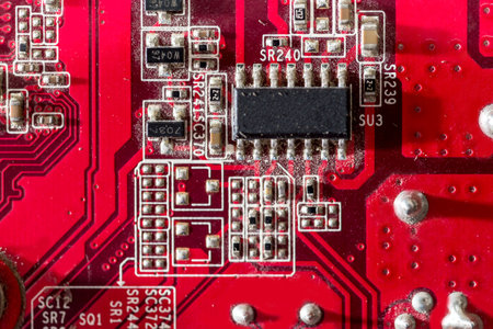 back side old electronic circuit board as background.の写真素材