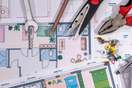 architectural plans project with work tools. macroの写真素材