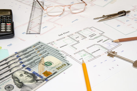 Construction plan, pen, money, model houseの写真素材