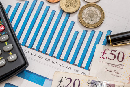 pound on fluctuating graph with calculator and penの写真素材