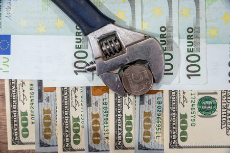 inflation ruble. russian sanctions. euro and dollar vs ruble. flag.の写真素材