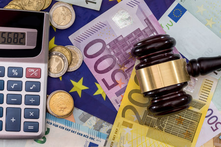 calculator with the European flag on the background of the euroの写真素材