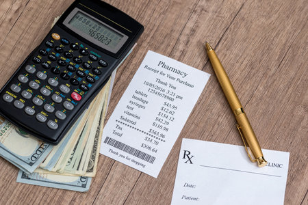 receipt and blank prescription calculator, money on desktopの写真素材