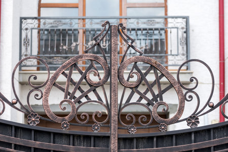 ornaments of wrought iron fence with gateの写真素材