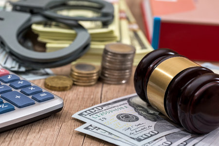Law gavel with handcuffs, dollars and books as background, close up.の写真素材