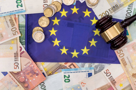 hammer of judge to the European flag on the background of the euroの写真素材