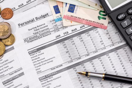 Family Budget - document costs, Euro Money, pen and calculator.の写真素材
