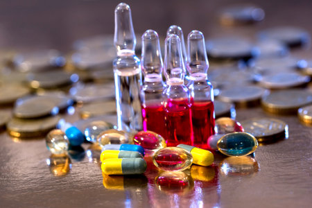Pill capsules of ampoules and euro coinsの写真素材