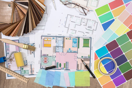 design concept with material laminate sample and house plan blueprints.の写真素材